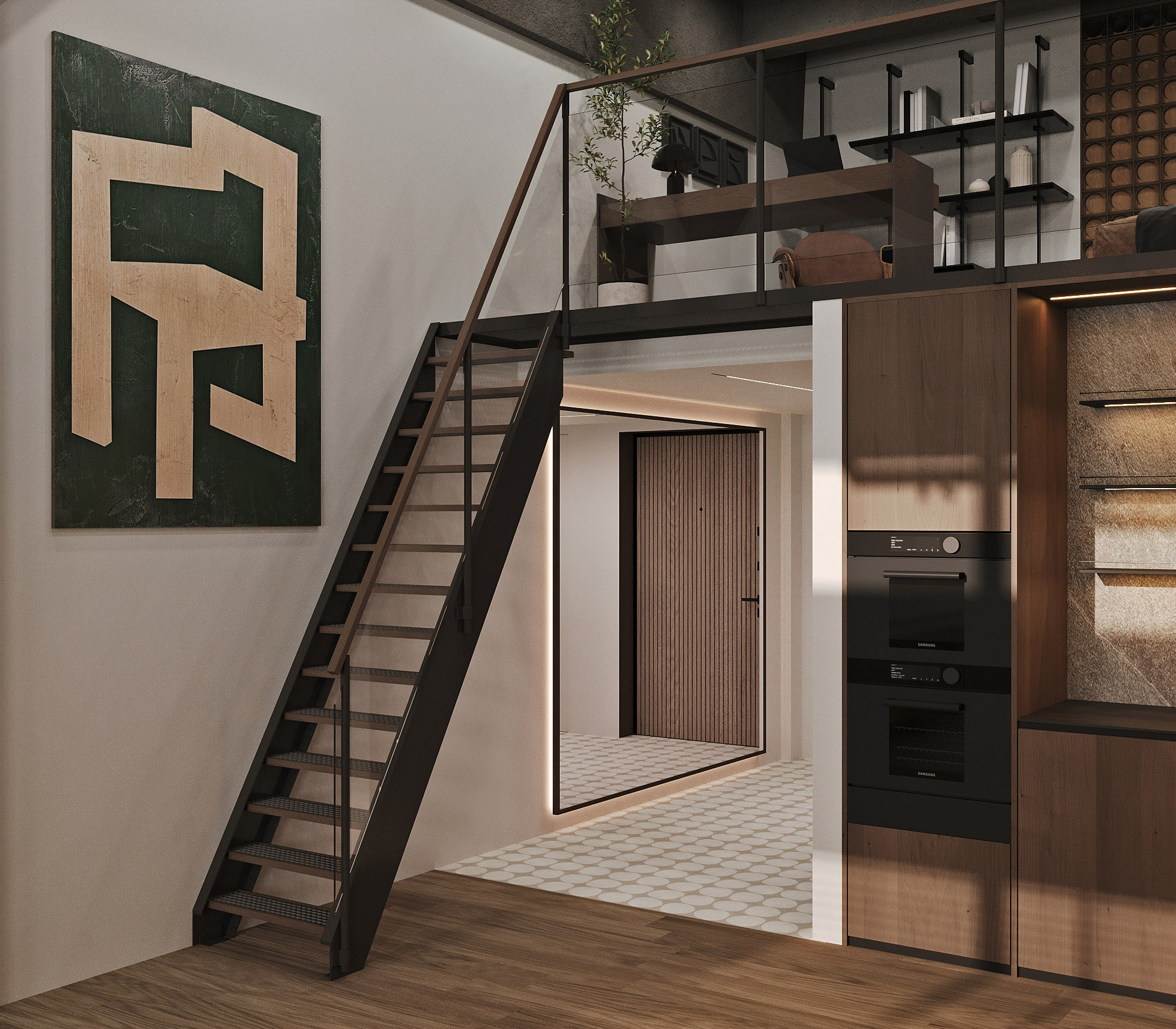 Дизайн-проект двухуровневой квартиры в стиле лофт. Интерьер. Концепция. 3д-визуализация